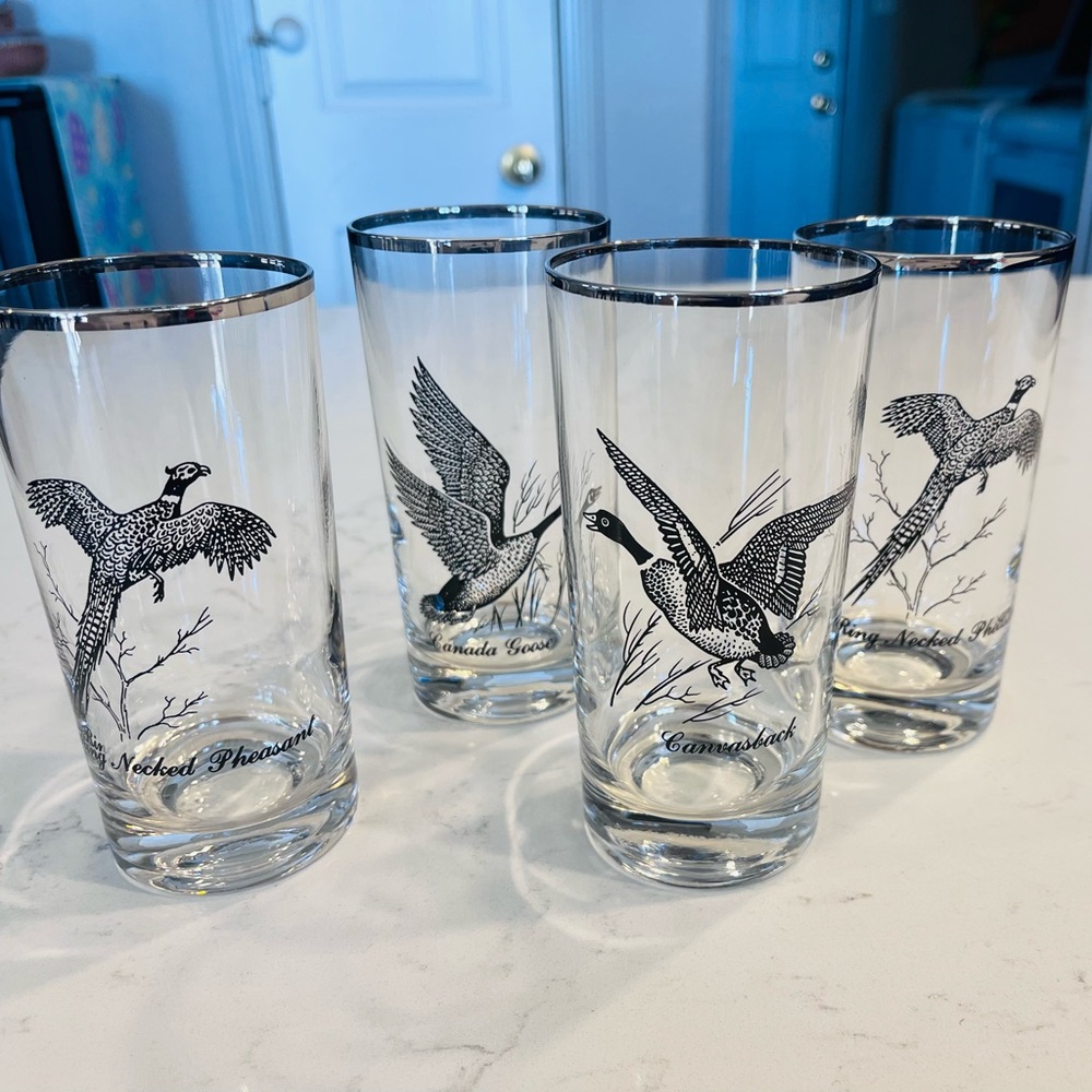 Vintage 1960s Federal Glass "Sportsman" highball glasses hunting birds Set of 4